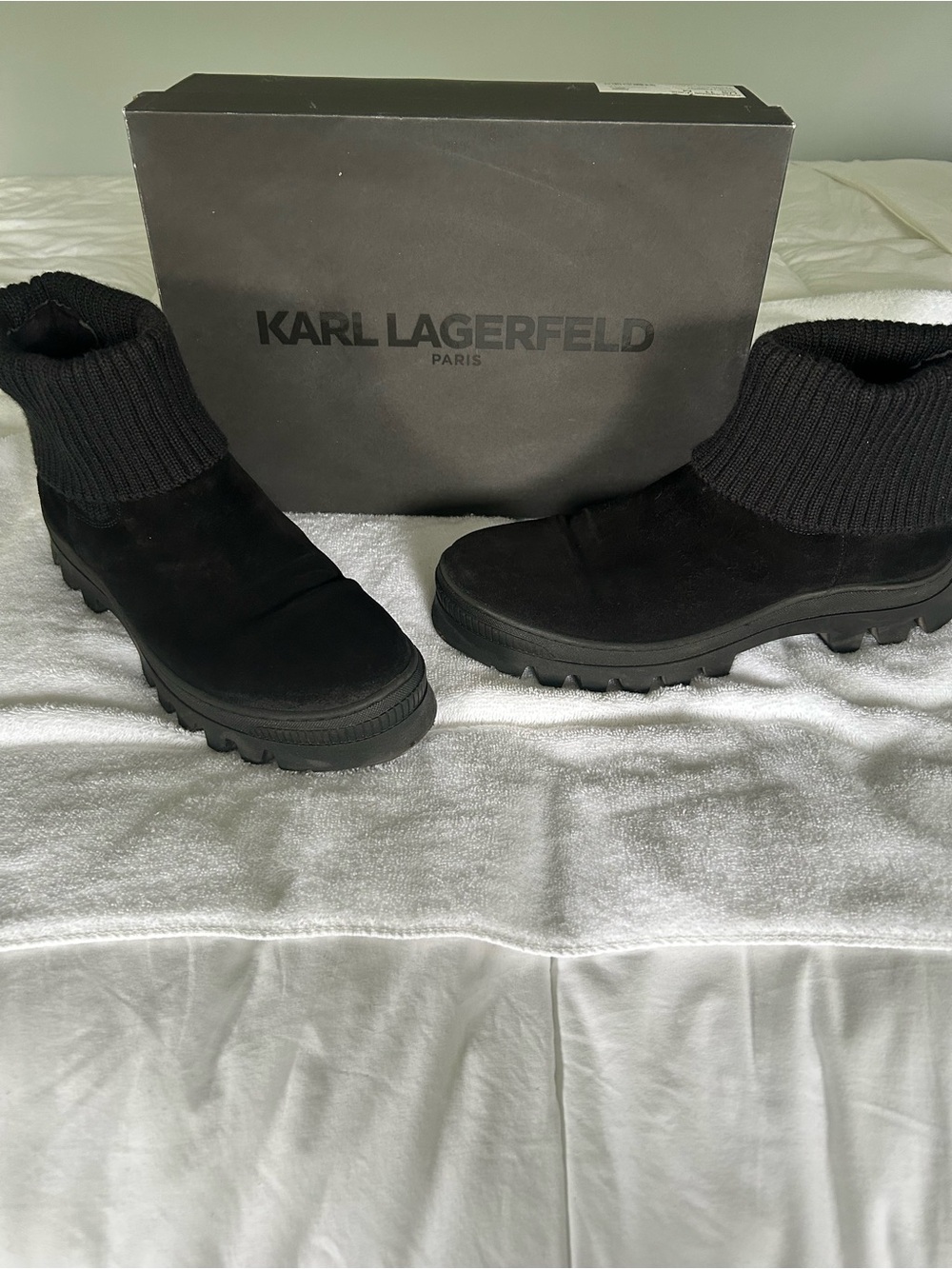Karl Lagerfeld Black Suede Knit-Cuff Lug Ankle Boots